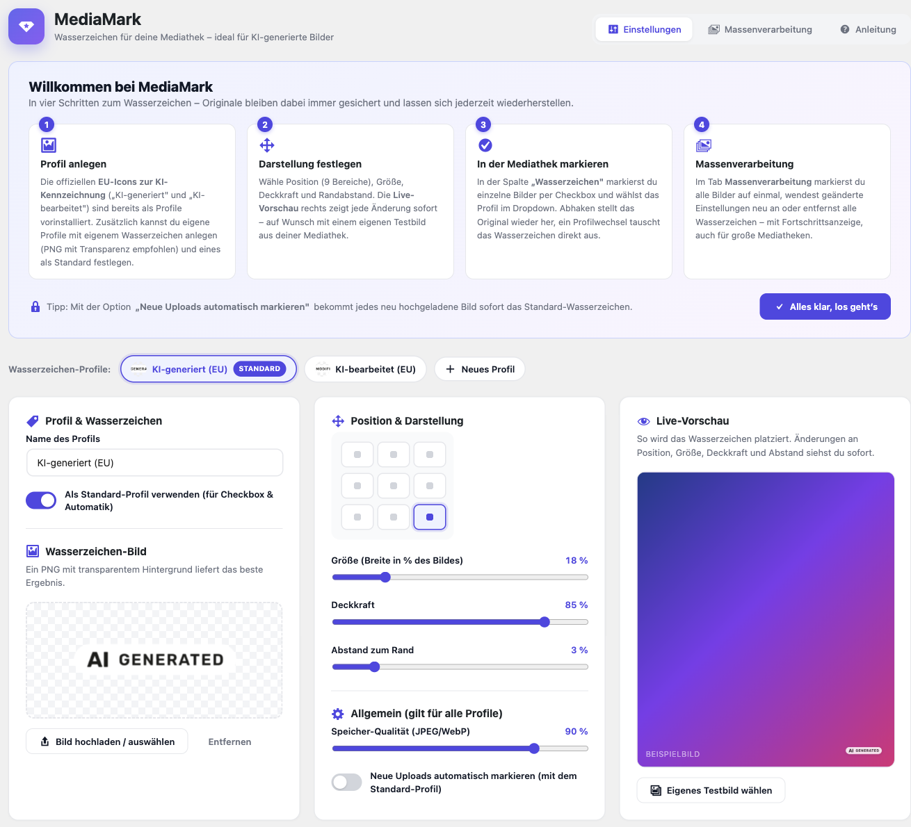 Die Einstellungen von MediaMark im WordPress-Backend mit Profilen, Position, Größe, Deckkraft und Live-Vorschau